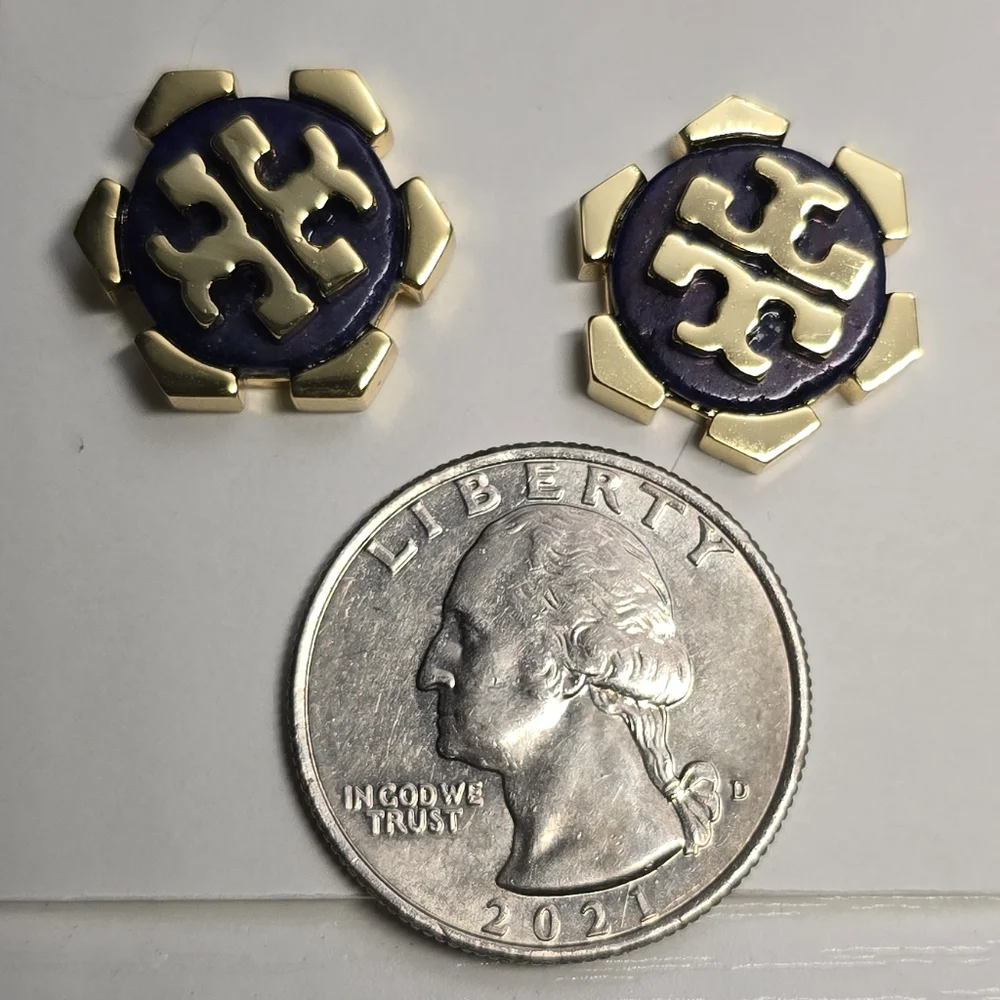 Tory Burch Gold & Navy Logo Stud Earrings